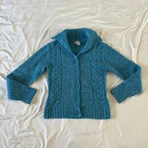 Blue Wool Blend Cable Knit Button Cardigan Wmns XS Fisherman Preppy Cottagecore